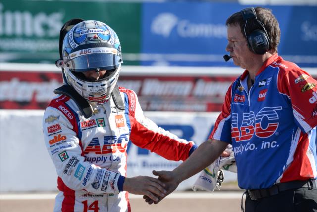 Tony Kanaan gets congratulations for a solid practice session following Practice 2 for the Firestone Grand Prix of St. Petersburg -- Photo by: James  Black