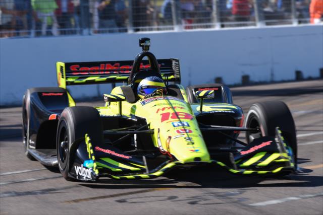 Sebastien Bourdais sets up for Turn 5 during practice for the Firestone Grand Prix of St. Petersburg -- Photo by: James  Black