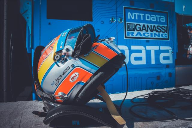 The helmet of Ed Jones sits along pit lane prior to practice for the Firestone Grand Prix of St. Petersburg -- Photo by: Joe Skibinski