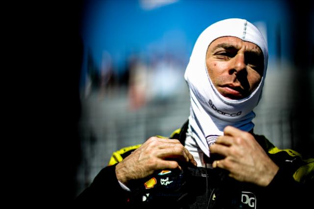 Simon Pagenaud adjusts his balaclava along pit lane prior to practice for the Firestone Grand Prix of St. Petersburg -- Photo by: Shawn Gritzmacher