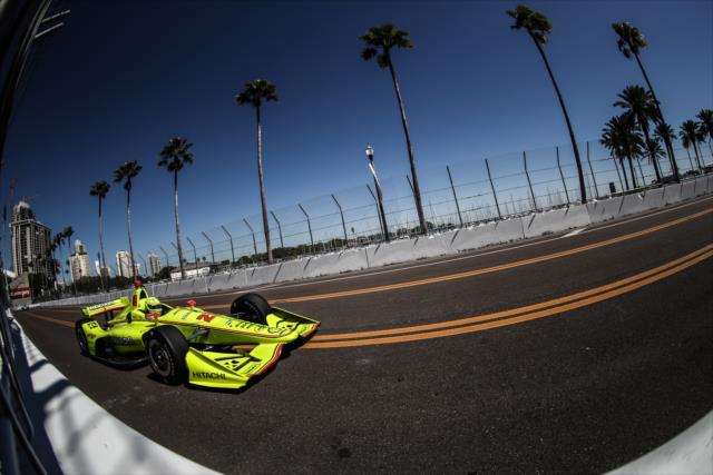 Simon Pagenaud sails down the backstretch during practice for the Firestone Grand Prix of St. Petersburg -- Photo by: Shawn Gritzmacher