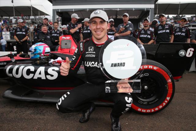 Robert Wickens with the Verizon P1 Award trophy for winning the pole position for the Firestone Grand Prix of St. Petersburg -- Photo by: Chris Jones