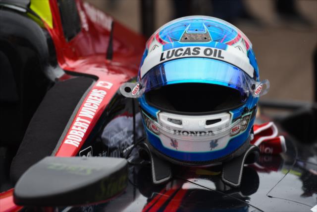 The helmet of Robert Wickens sits on his car following his pole position run for the Firestone Grand Prix of St. Petersburg -- Photo by: James  Black
