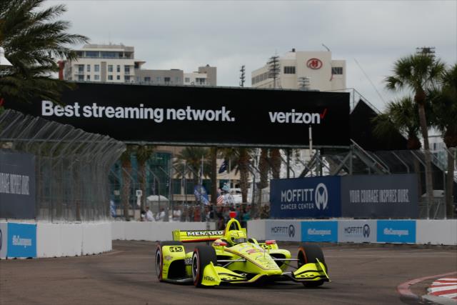 Simon Pagenaud sails into Turn 12 during qualifications for the Firestone Grand Prix of St. Petersburg -- Photo by: Joe Skibinski