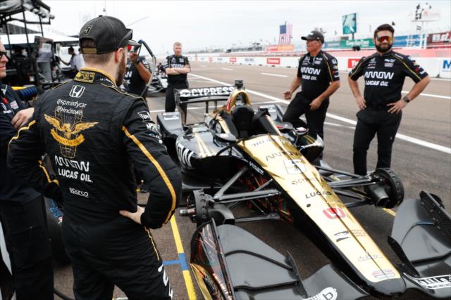 James Hinchcliffe looks over his car prior to his qualification session for the Firestone Grand Prix of St. Petersburg -- Photo by: Joe Skibinski