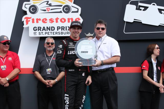 Robert Wickens accepts the Verzion P1 Award for winning the pole position for the Firestone Grand Prix of St. Petersburg -- Photo by: Chris Jones