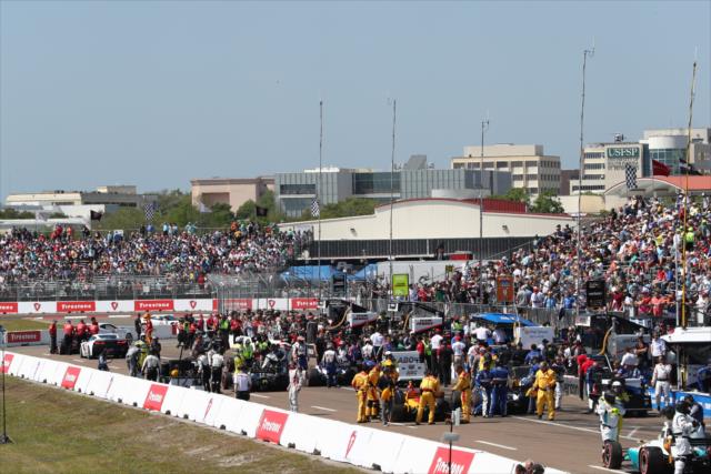 Cars are gridded along pit lane during pre-race festivities for the Firestone Grand Prix of St. Petersburg -- Photo by: Chris Jones
