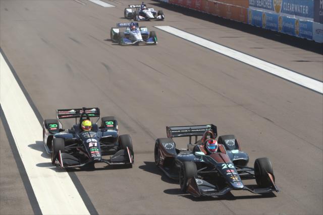 Zach Veach and Spencer Pigot duel down the frontstretch during the Firestone Grand Prix of St. Petersburg -- Photo by: Chris Jones