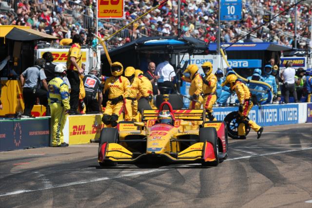 Ryan Hunter-Reay peels out of his pit stall after service during the Firestone Grand Prix of St. Petersburg -- Photo by: Chris Jones