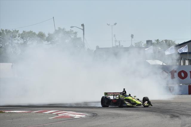 Sebastien Bourdais with some donuts in Turn 1 after winning the Firestone Grand Prix of St. Petersburg -- Photo by: Chris Owens