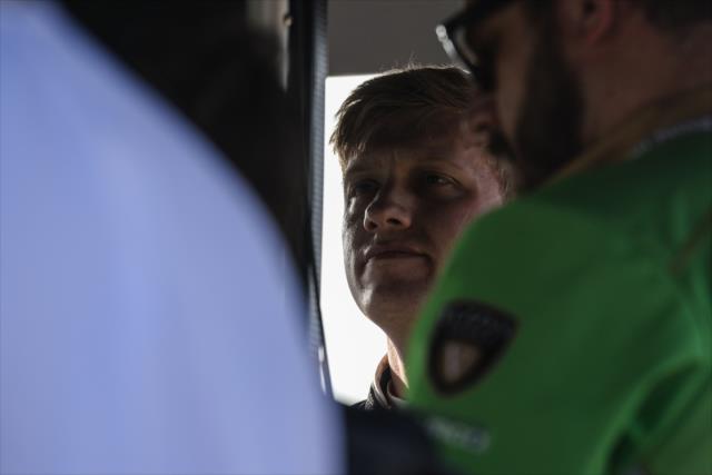 Spencer Pigot looks over his telemetry data in his pit stand following the final warmup for the Firestone Grand Prix of St. Petersburg -- Photo by: James  Black