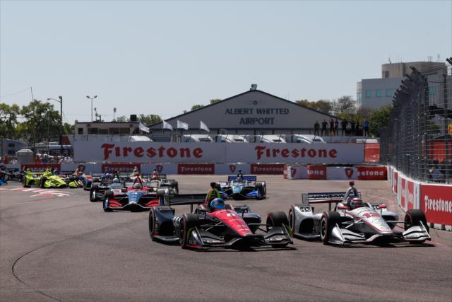Robert Wickens and Will Power go side-by-side into Turn 2 at the start of the Firestone Grand Prix of St. Petersburg -- Photo by: Joe Skibinski