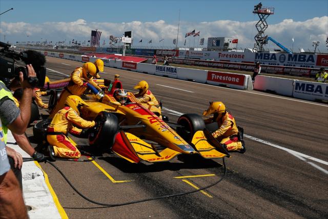 Ryan Hunter-Reay comes in for tires and fuel on pit lane during the Firestone Grand Prix of St. Petersburg -- Photo by: Joe Skibinski
