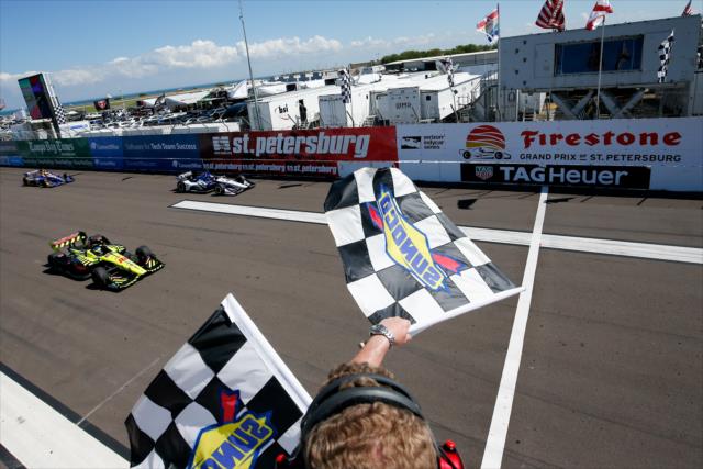 Sebastien Bourdais takes the twin checkered flags to win the Firestone Grand Prix of St. Petersburg -- Photo by: Joe Skibinski