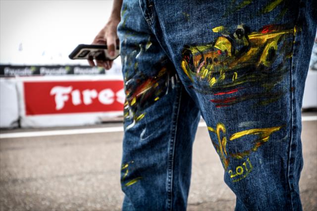A fan sports some racing-styled jeans on pit lane in St. Petersburg -- Photo by: Shawn Gritzmacher