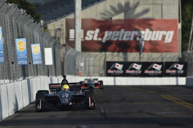 Spencer Pigot sets up for Turn 10 during the final warmup for the Firestone Grand Prix of St. Petersburg -- Photo by: Chris Owens