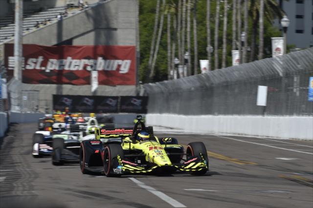 Sebastien Bourdais leads a group into Turn 10 during the Firestone Grand Prix of St. Petersburg -- Photo by: Chris Owens