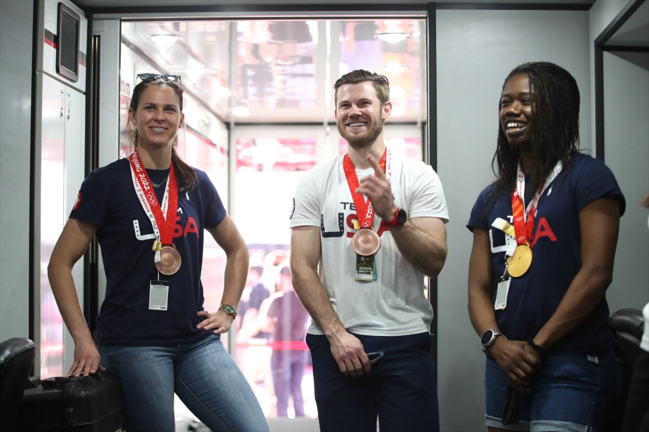 Team USA Olympic speed skaters Brittany Bowe, Joey Mantia and Erin Jackson - Firestone Grand Prix of St. Petersburg - By: Chris Owens -- Photo by: Chris Owens