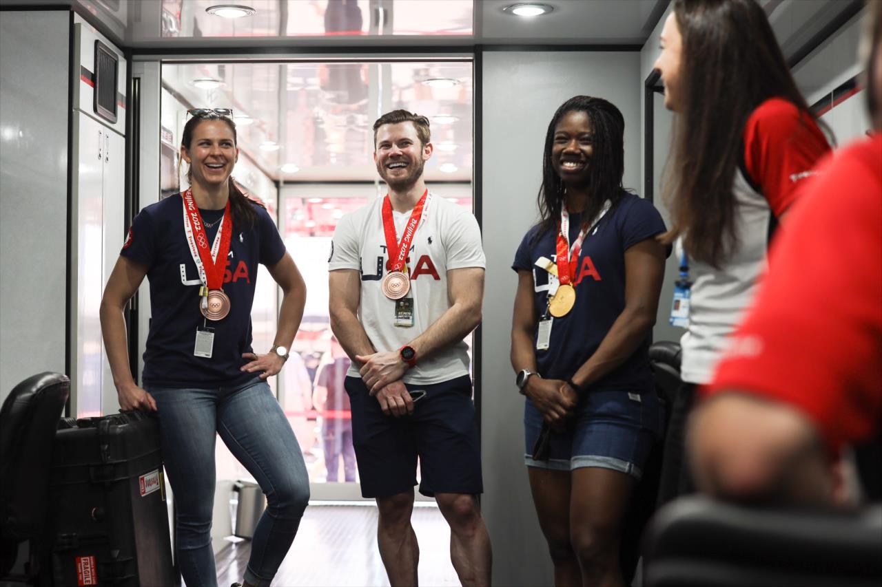 Team USA Olympic speed skaters Brittany Bowe, Joey Mantia and Erin Jackson meet with Firestone's Cara Adams - Firestone Grand Prix of St. Petersburg - By: Chris Owens -- Photo by: Chris Owens