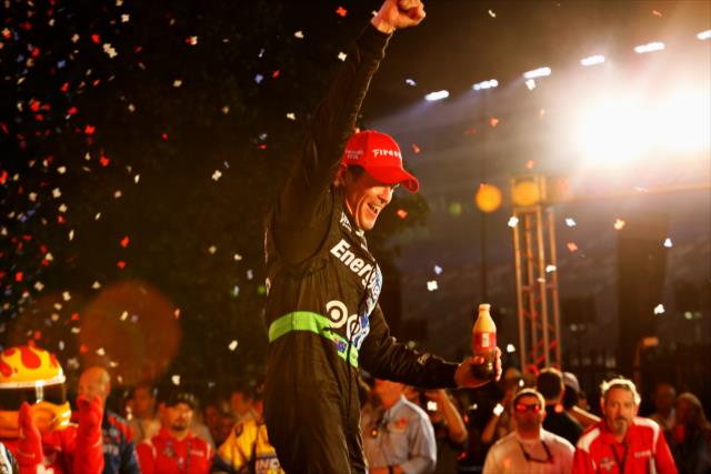 Scott Dixon celebrates his victory in the Firestone 600 at Texas Motor Speedway -- Photo by: Chris Jones