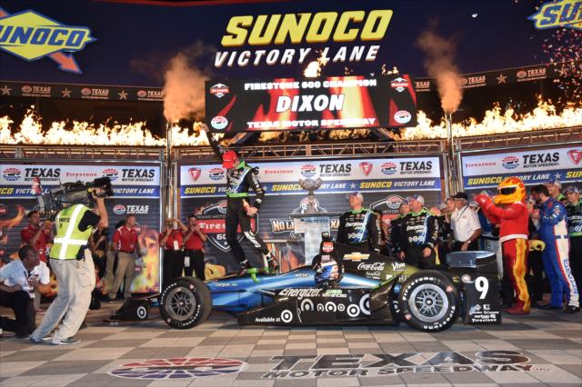 Scott Dixon celebrates in Victory Lane following his win in the Firestone 600 at Texas Motor Speedway -- Photo by: Chris Owens