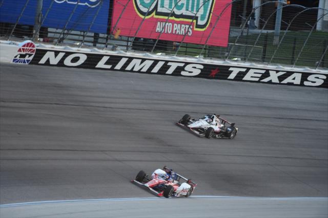 Takuma Sato and Will Power exit Turn 2 during the Firestone 600 at Texas Motor Speedway -- Photo by: Chris Owens