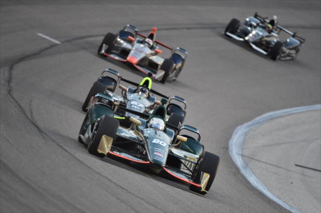 Teammates Ed Carpenter and Josef Newgarden go nose-to-tail through Turn 2 during the Firestone 600 at Texas Motor Speedway -- Photo by: Chris Owens