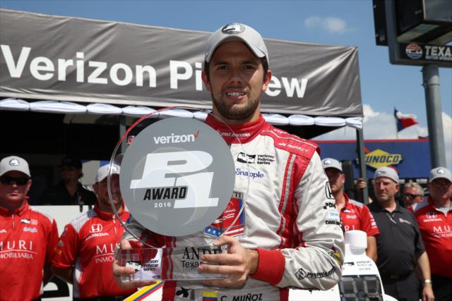 Carlos Munoz wins the Verizon P1 Award for the Firestone 600 at Texas Motor Speedway -- Photo by: Chris Jones