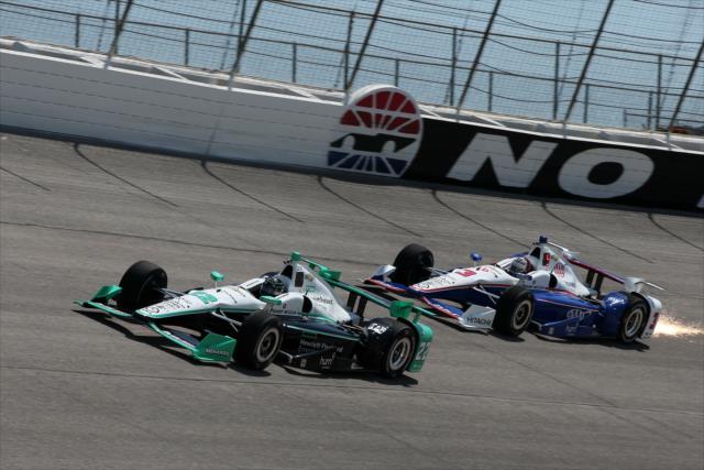 Teammates Simon Pagenaud and Helio Castroneves go nose-to-tail on course during practice for the Firestone 600 at Texas Motor Speedway -- Photo by: Chris Jones