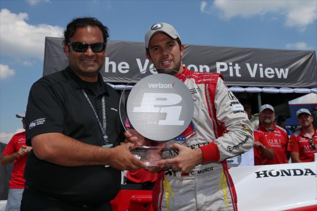 Carlos Munoz wins the Verizon P1 Award for claiming the pole position for the Firestone 600 at Texas Motor Speedway -- Photo by: Chris Jones