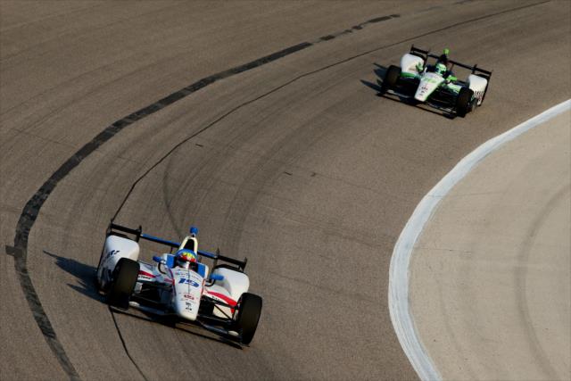 Teammates Gabby Chaves and Conor Daly on course during the evening practice for the Firestone 600 at Texas Motor Speedway -- Photo by: Chris Jones