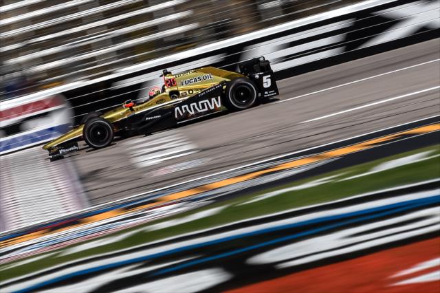 James Hinchcliffe crosses the start/finish line during practice for the Firestone 600 at Texas Motor Speedway -- Photo by: Chris Owens