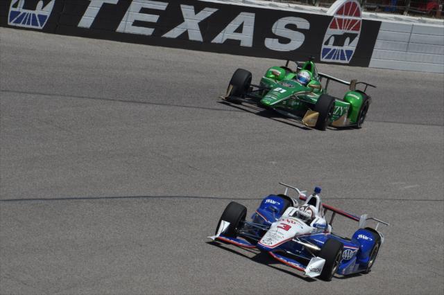 Helio Castroneves and Josef Newgarden on course during practice for the Firestone 600 at Texas Motor Speedway -- Photo by: Chris Owens