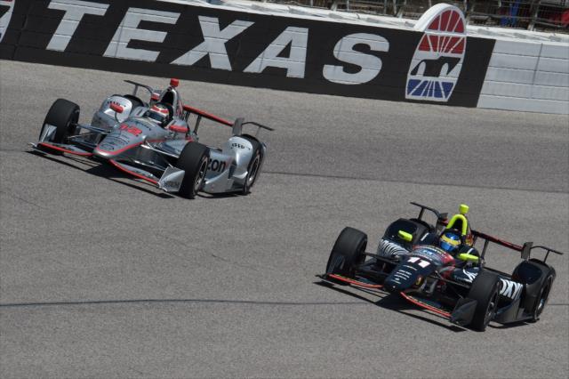 Will Power and Sebastien Bourdais wheel-to-wheel on course during practice for the Firestone 600 at Texas Motor Speedway -- Photo by: Chris Owens