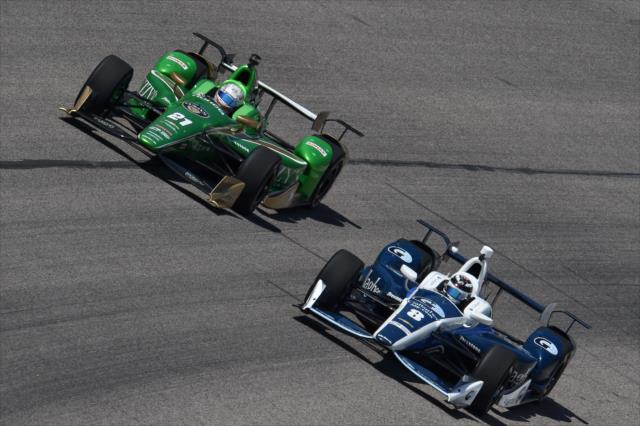 Josef Newgarden and Max Chilton wheel-to-wheel during practice for the Firestone 600 at Texas Motor Speedway -- Photo by: Chris Owens