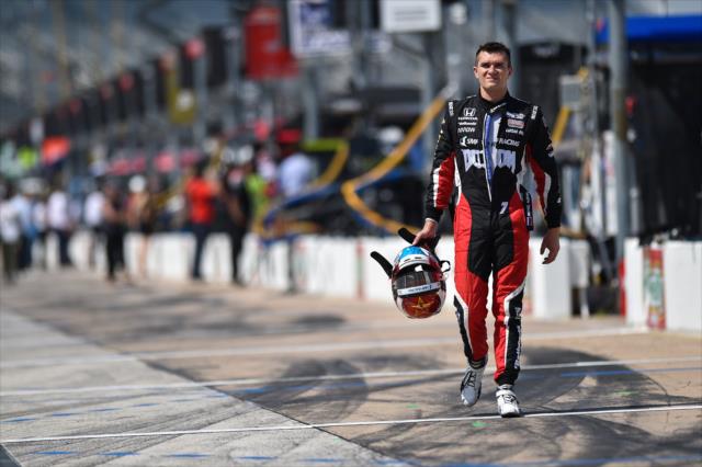 Mikhail Aleshin walks pit lane following his qualification attempt for the Firestone 600 at Texas Motor Speedway -- Photo by: Chris Owens