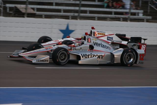 Will Power and Tristan Vautier go wheel-to-wheel down the frontstretch during the Rainguard Water Sealers 600 at Texas Motor Speedway -- Photo by: Chris Jones