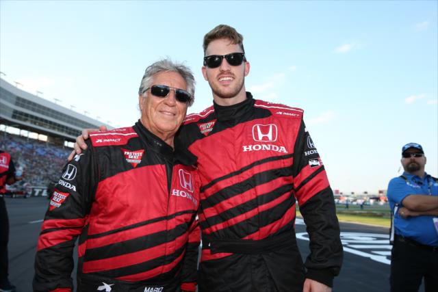 Mario Andretti with musician 80Fitz prior to their two-seater ride before the Rainguard Water Sealers 600 at Texas Motor Speedway -- Photo by: Chris Jones