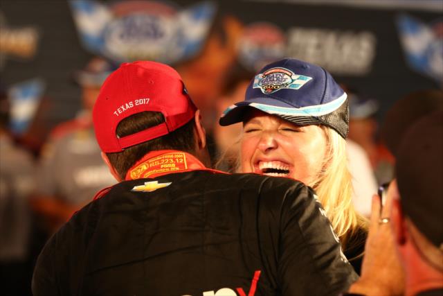 Will Power celebrates in Victory Circle with his wife, Liz, after winning the Rainguard Water Sealers 600 at Texas Motor Speedway -- Photo by: Chris Jones