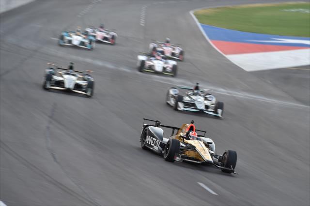James Hinchcliffe leads a group into Turn 1 during the Rainguard Water Sealers 600 at Texas Motor Speedway -- Photo by: Chris Owens