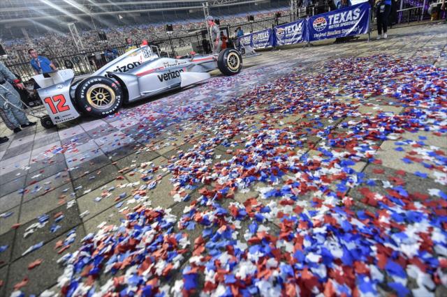 The No. 12 Verizon Chevrolet of Will Power rolls through Victory Circle confetti after winning the Rainguard Water Sealers 600 at Texas Motor Speedway -- Photo by: Chris Owens