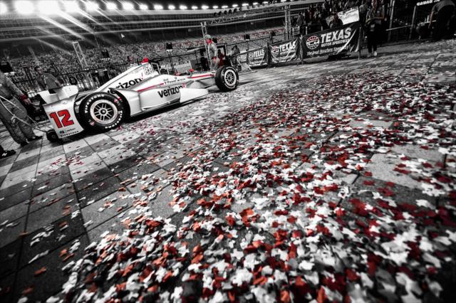 The No. 12 Verizon Chevrolet of Will Power is rolled through the Victory Circle confetti after winning the Rainguard Water Sealers 600 at Texas Motor Speedway -- Photo by: Chris Owens