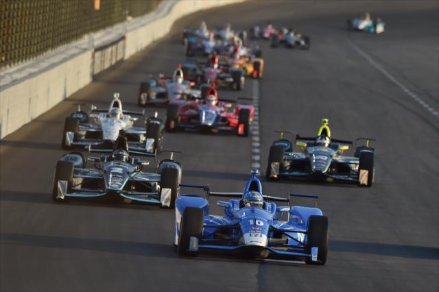 Tony Kanaan leads the field down the backstretch during the Rainguard Water Sealers 600 at Texas Motor Speedway -- Photo by: Chris Owens