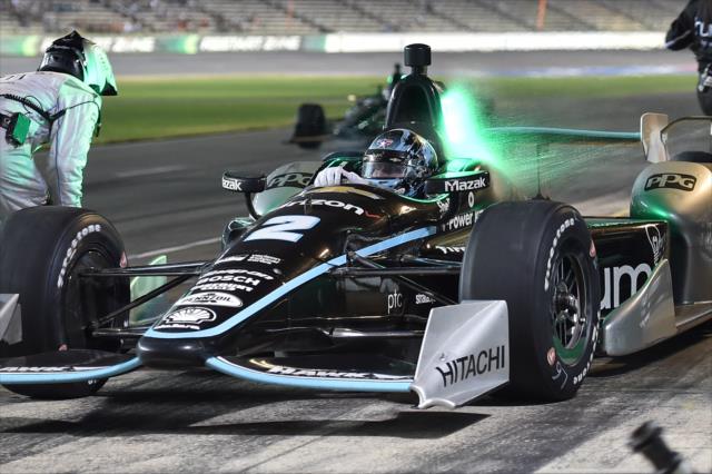 Josef Newgarden peels out of his pit stall following service during the Rainguard Water Sealers 600 at Texas Motor Speedway -- Photo by: Chris Owens