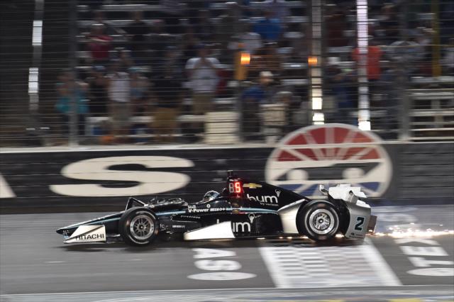 Josef Newgarden slides across the start-finish line after making contact in Turn 4 during the Rainguard Water Sealers 600 at Texas Motor Speedway -- Photo by: Chris Owens