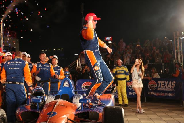 Scott Dixon begins the celebration in Victory Lane after winning the DXC Technology 600 at Texas Motor Speedway -- Photo by: Chris Jones