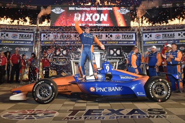 Scott Dixon with an emphatic celebration in Victory Lane after winning the DXC Technology 600 at Texas Motor Speedway -- Photo by: Chris Owens