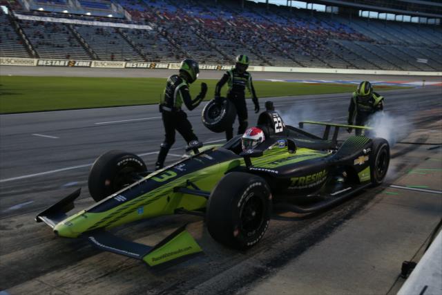 Charlie Kimball peels out of his pit stall after service during the DXC Technology 600 at Texas Motor Speedway -- Photo by: Chris Jones
