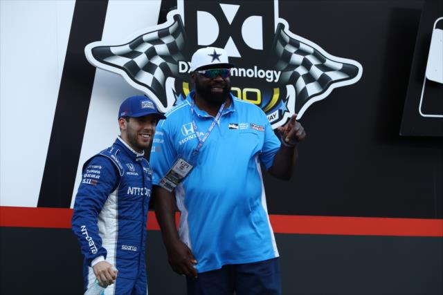 Ed 'Too Fast' Jones and Ed 'Too Tall' Jones are introduced to the crowd during pre-race festivities for the DXC Technology 600 at Texas Motor Speedway -- Photo by: Chris Jones