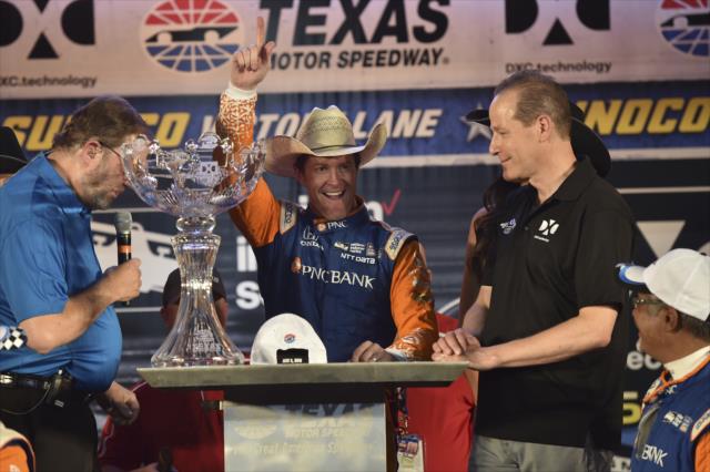 Scott Dixon celebrates in Victory Lane after winning the DXC Technology 600 at Texas Motor Speedway -- Photo by: Chris Owens